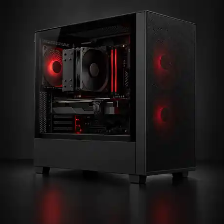 Representative Techworks Core custom PC in a black airflow case with subtle red lighting