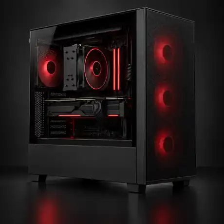 Representative Techworks Pro custom PC in a black airflow case with air cooling and red lighting